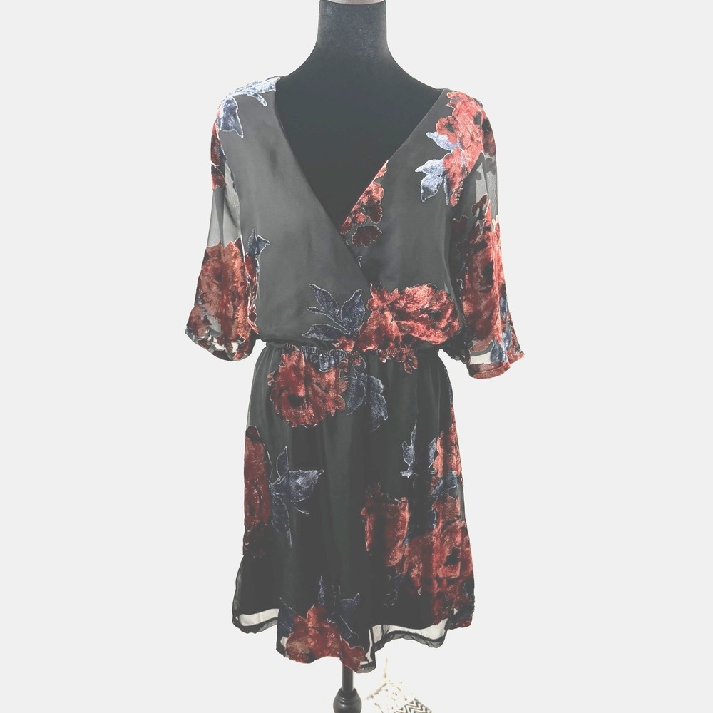As U Wish Rose Velvet Burnout Mini Dress SZ M Sheer Flare Sleevesโ Fairy Wedding